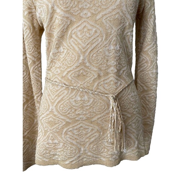 Vintage Y2K Gold Metallic Knit Top S Jacquard Cowl Neck Tie Belt 70s 90s Elegant - Picture 3 of 15